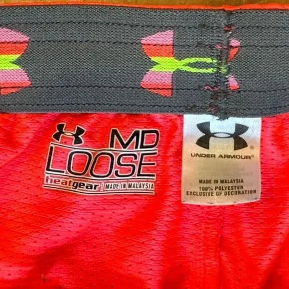 EUC Under Armour Womens Heat Gear Loose Fit Shorts Coral/Yellow/Gray Medium - Picture 6 of 6
